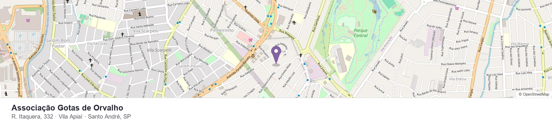 Mapa mostrando a Associação Gotas de Orvalho na Rua Itaquera, 332, Vila Apiaí, Santo André