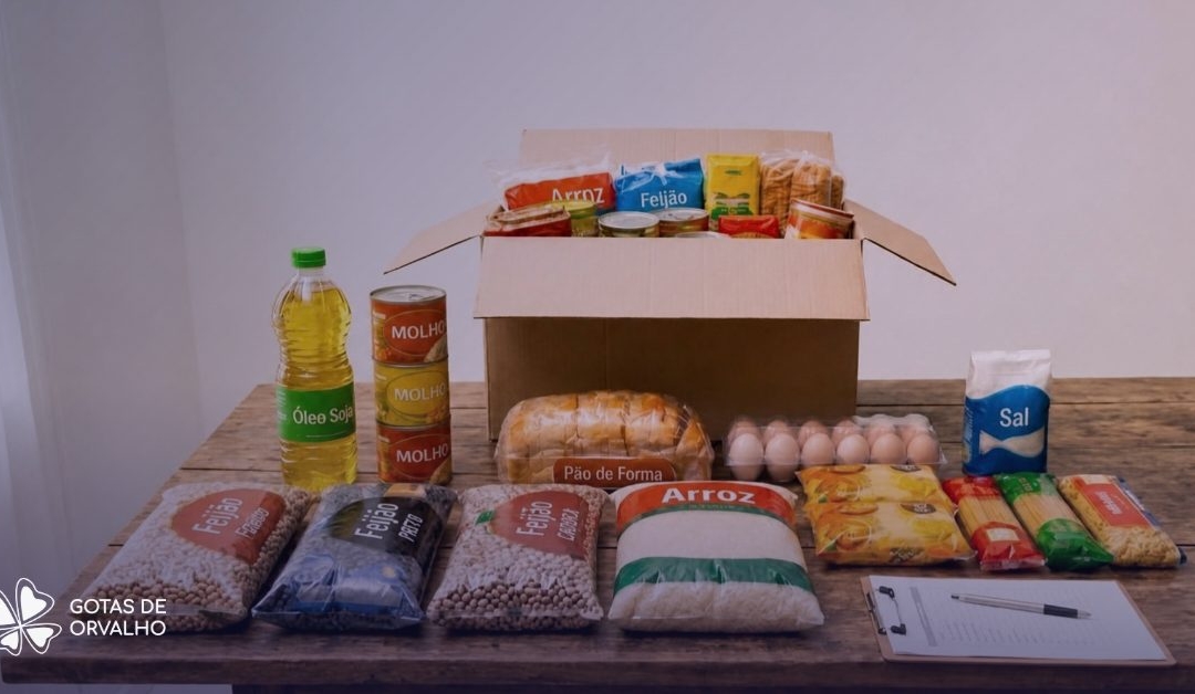 Cesta básica do Gotas de Orvalho com arroz, feijão, óleo, macarrão e outros itens