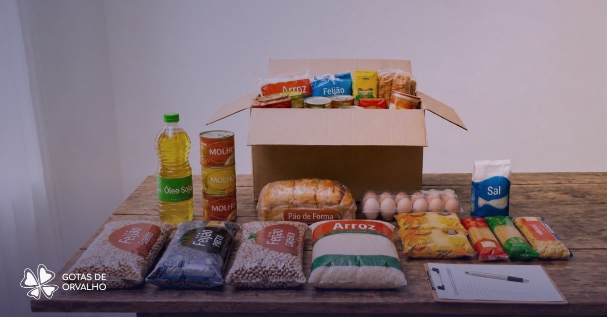 Cesta básica do Gotas de Orvalho com arroz, feijão, óleo, macarrão e outros itens